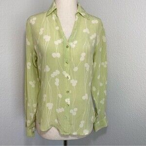 Light Green Silk Blouse White Floral Dot Design Button Front L Sleeve Merona M